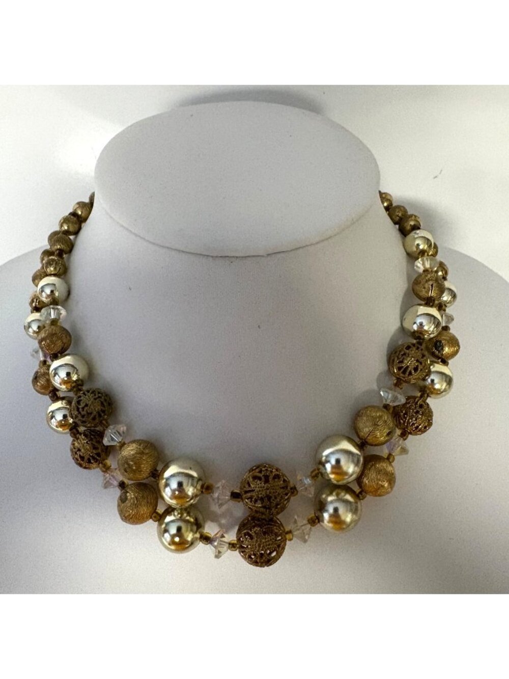 Vintage Lisner Double Strand Necklace Gold Tone Filigree Textures AB Beads